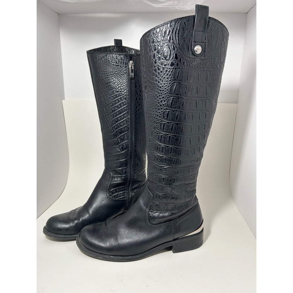 Vince Camuto Kamino Black Leather Croc Embossed Riding Boots Womens 7M VC-KAMINO